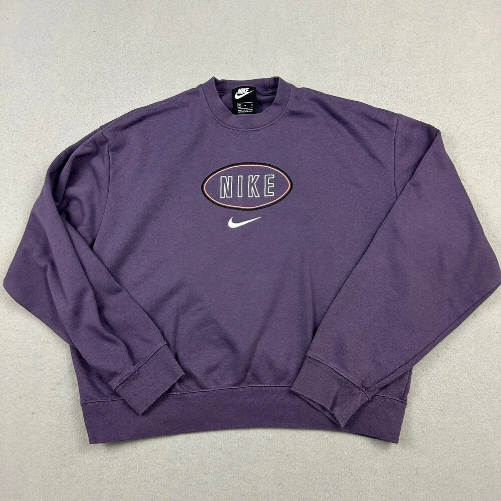 Nike Sweatshirt Women Medium Purple Center Swoosh Pullover Spell Out Crewneck M